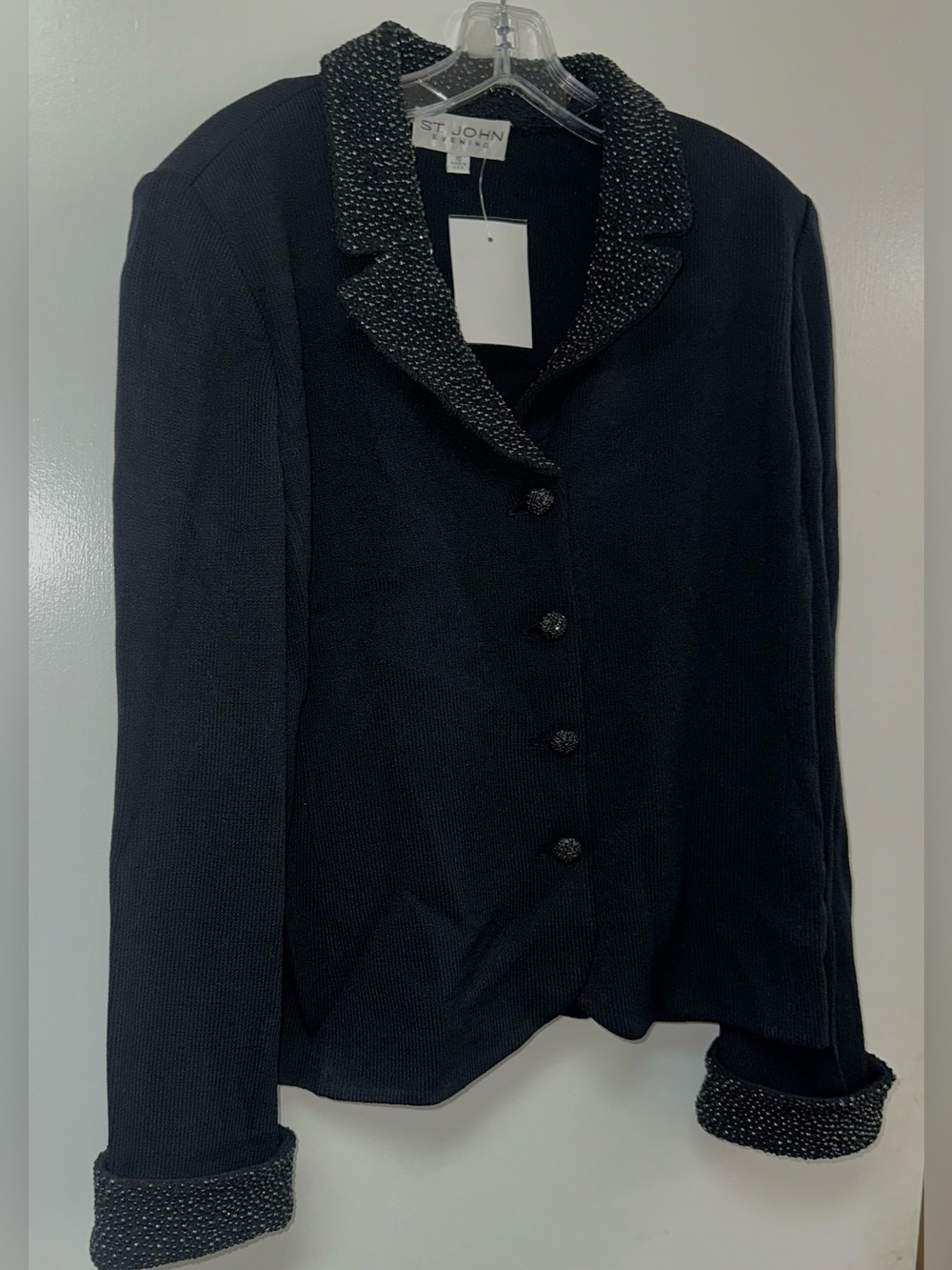NWT St. John Evening Black Knit Blazer Jacket Embellished Collar/ Cuffs /Button